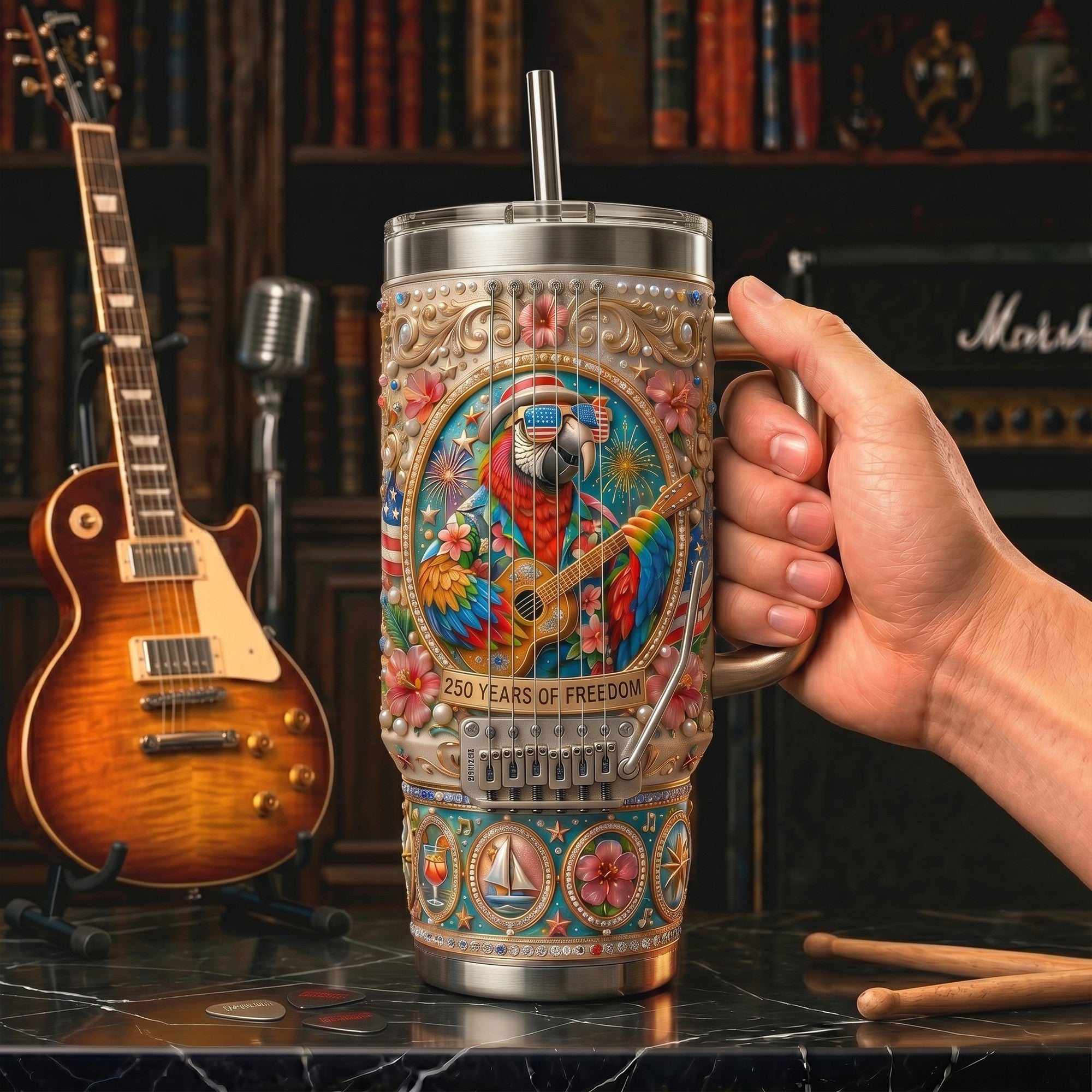 🦜 Jimmy Buffett "250 Years of Freedom" Insulated Handle Tumbler 🎸💋