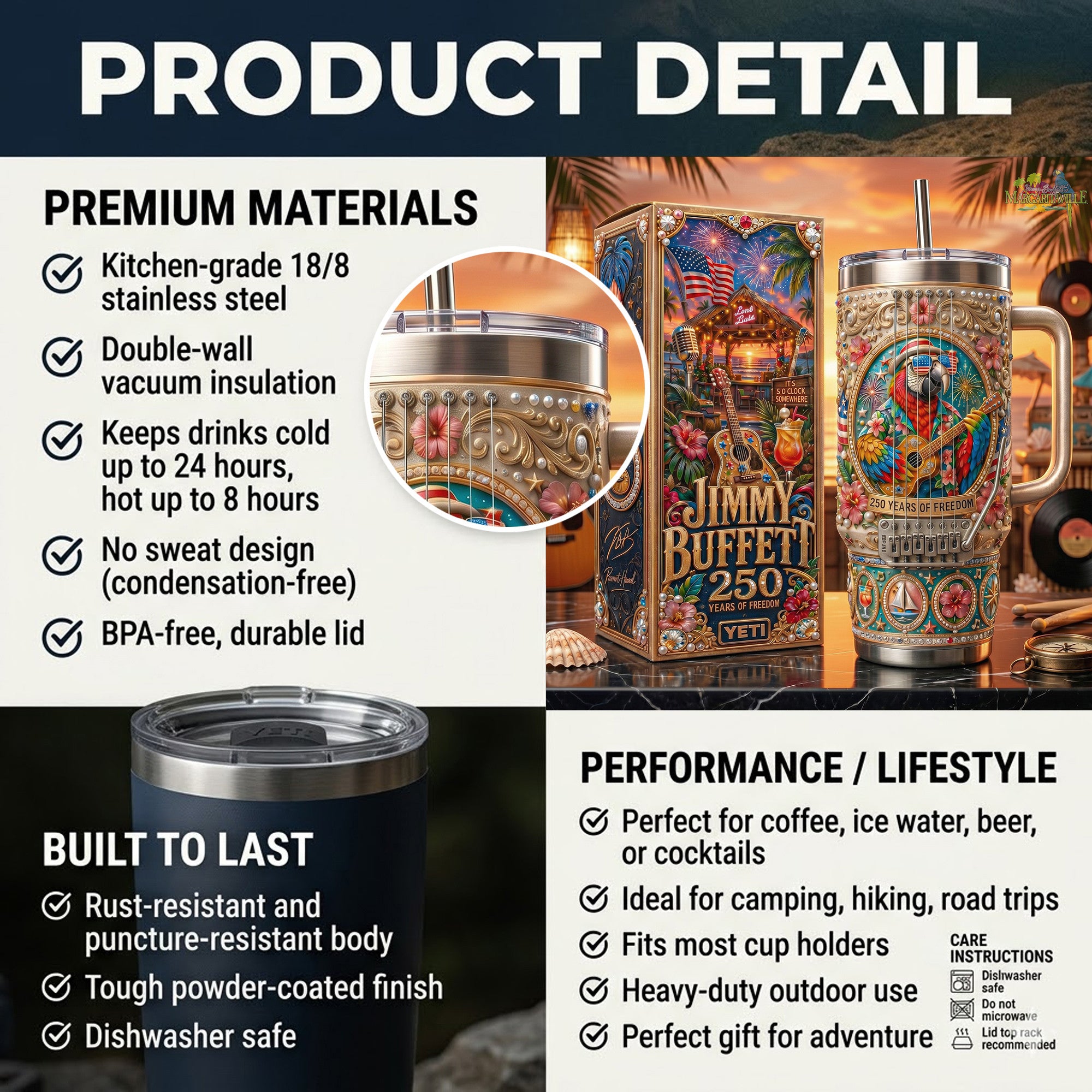 🦜 Jimmy Buffett "250 Years of Freedom" Insulated Handle Tumbler 🎸💋