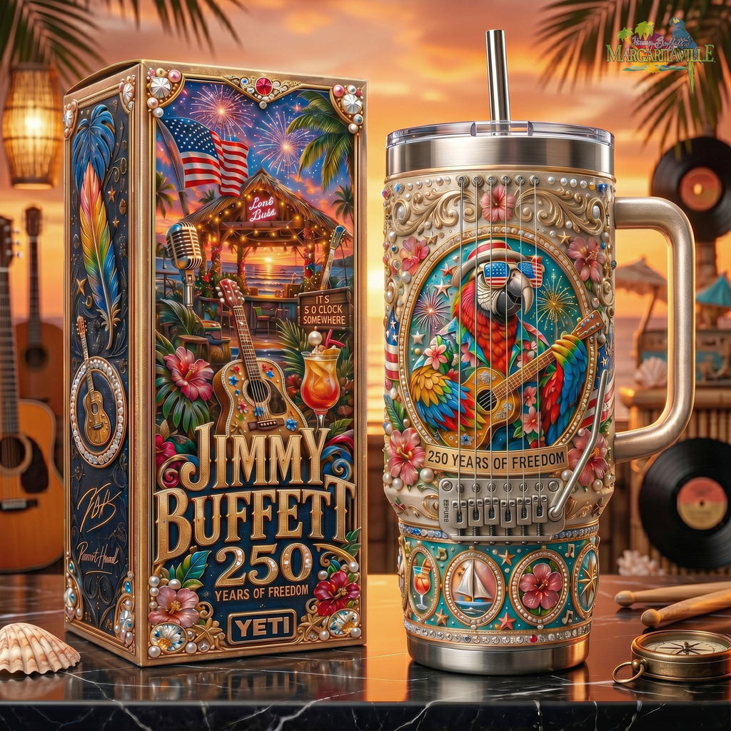 🦜 Jimmy Buffett "250 Years of Freedom" Insulated Handle Tumbler 🎸💋