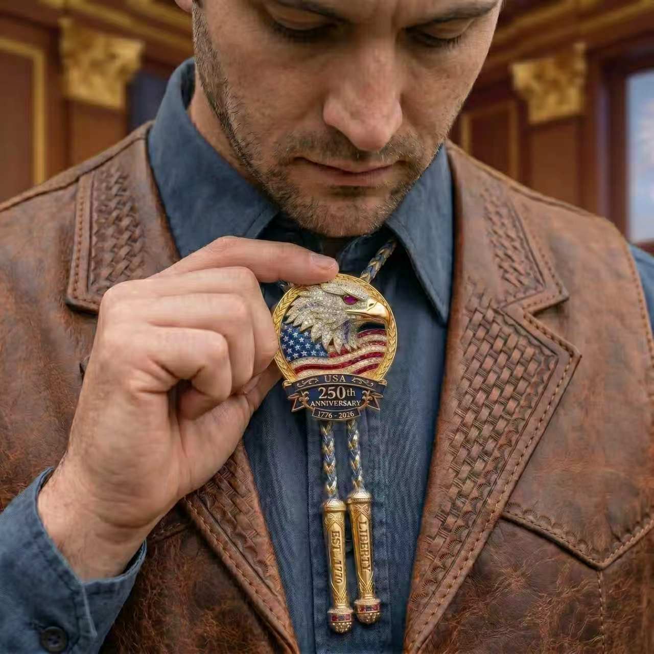 🎁🎉Only $24.99 This Week🌟🎉USA 250th Anniversary Eagle Bolo Tie💋
