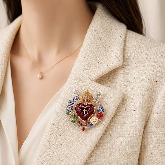 ❤️ Sacred Heart Floral Gemstone Brooch | Vintage Palace-Inspired Statement Pin💋