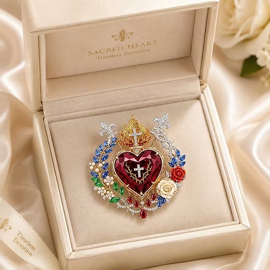 ❤️ Sacred Heart Floral Gemstone Brooch | Vintage Palace-Inspired Statement Pin💋