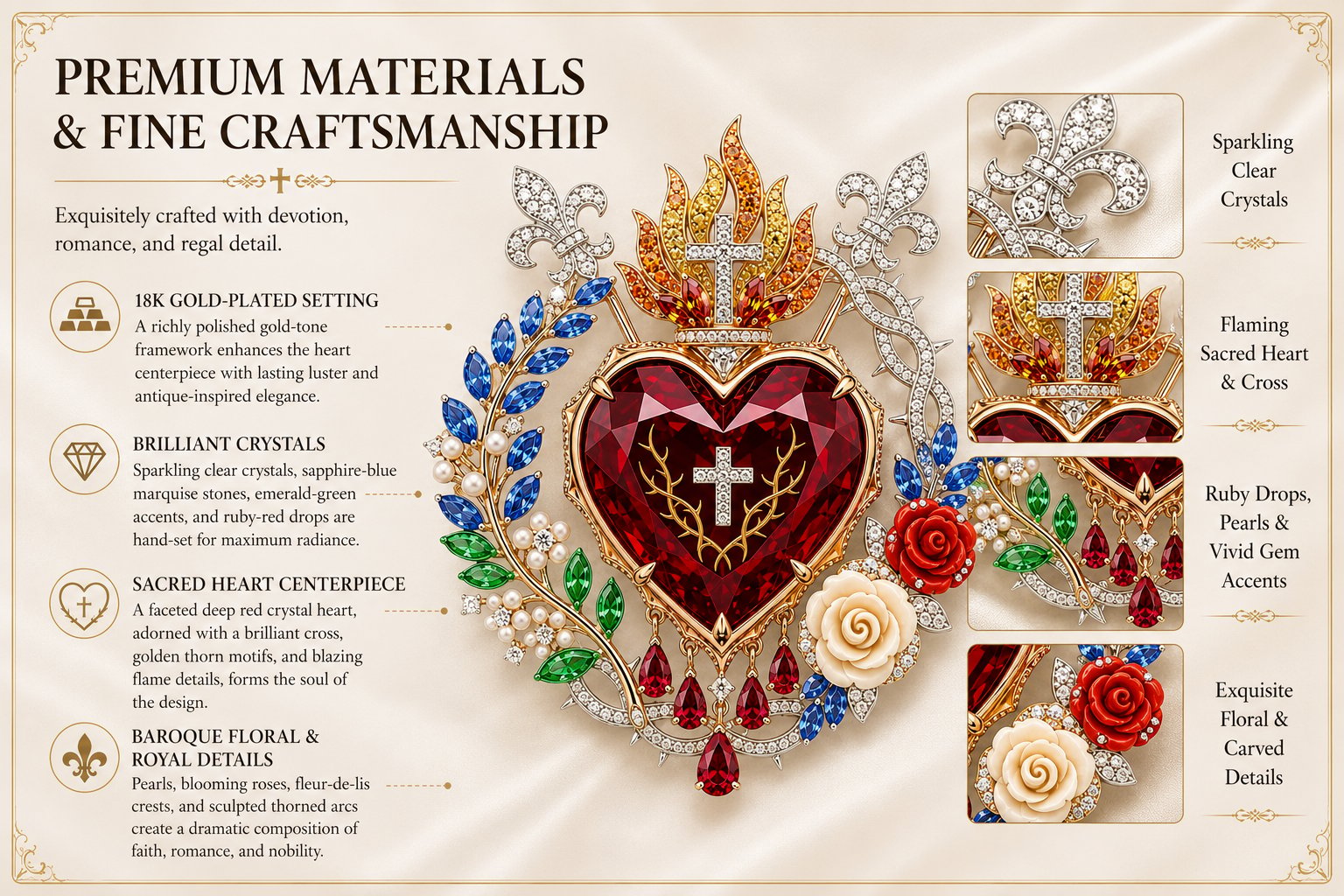 ❤️ Sacred Heart Floral Gemstone Brooch | Vintage Palace-Inspired Statement Pin💋
