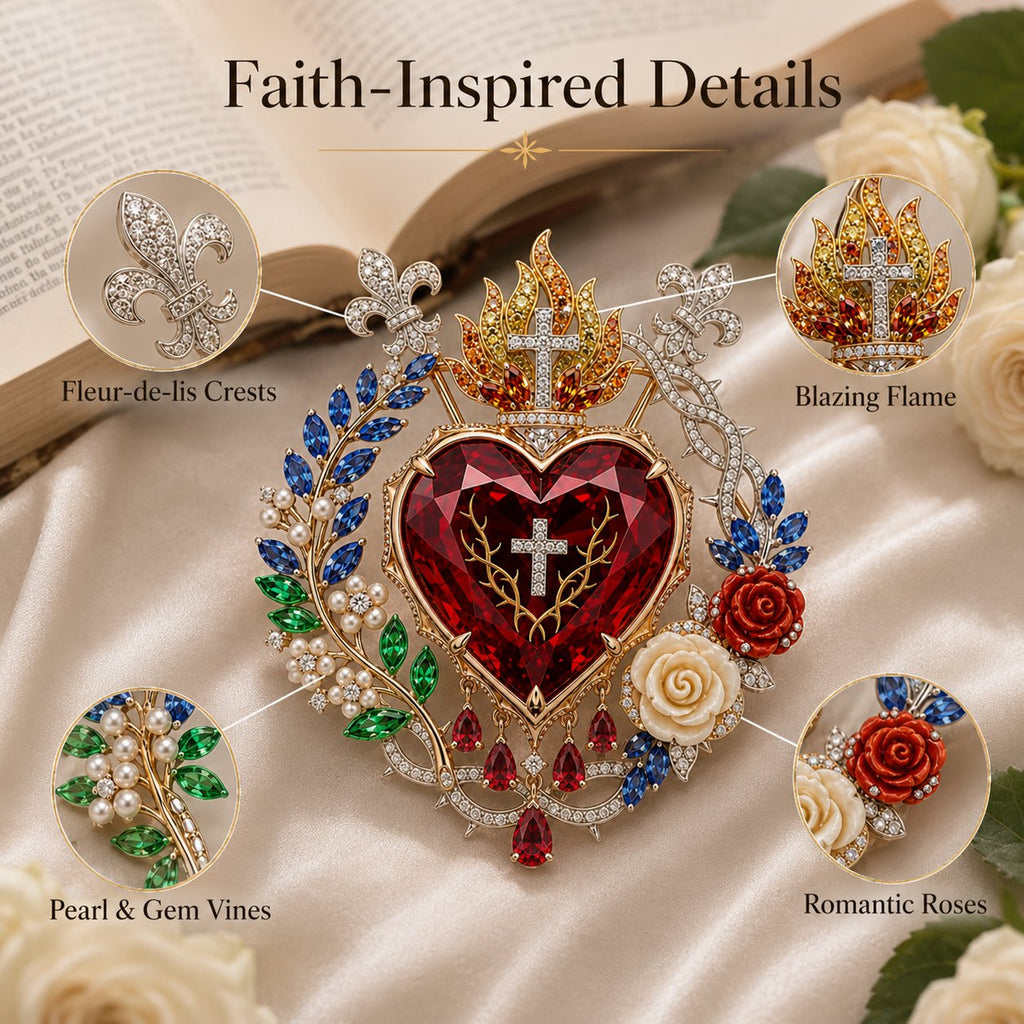 ❤️ Sacred Heart Floral Gemstone Brooch | Vintage Palace-Inspired Statement Pin💋