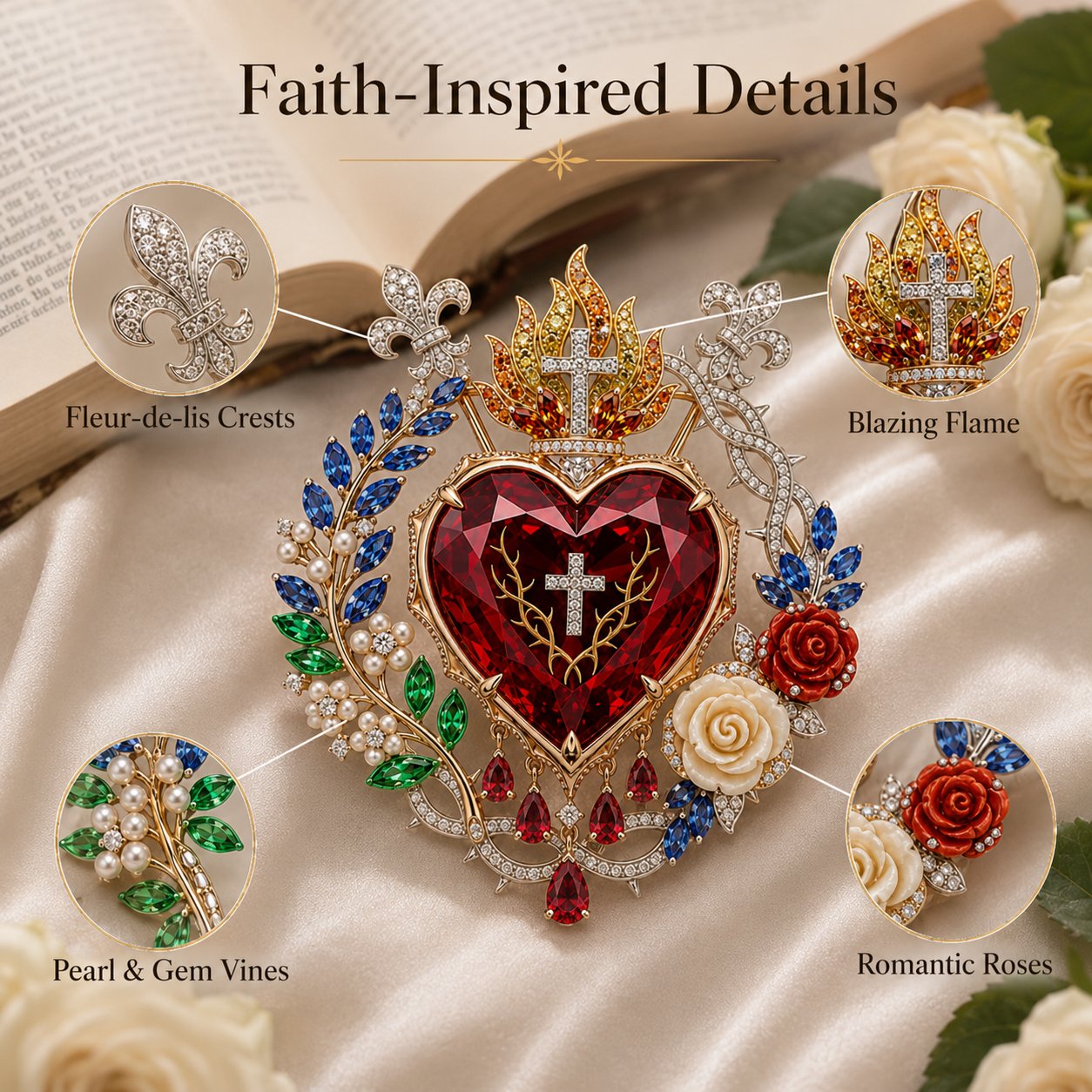❤️ Sacred Heart Floral Gemstone Brooch | Vintage Palace-Inspired Statement Pin💋