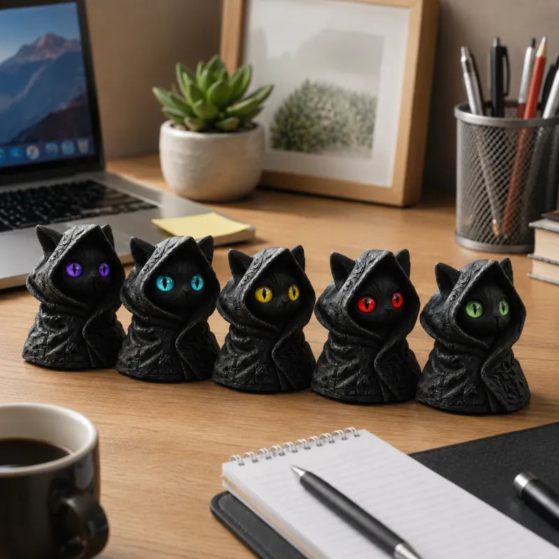 Mysterious Hooded Cat Figurine - Gothic Black Cat Statue, Fantasy Witchy Kitten Sculpture Home Decor, Perfect Gift for Cat Lovers💋