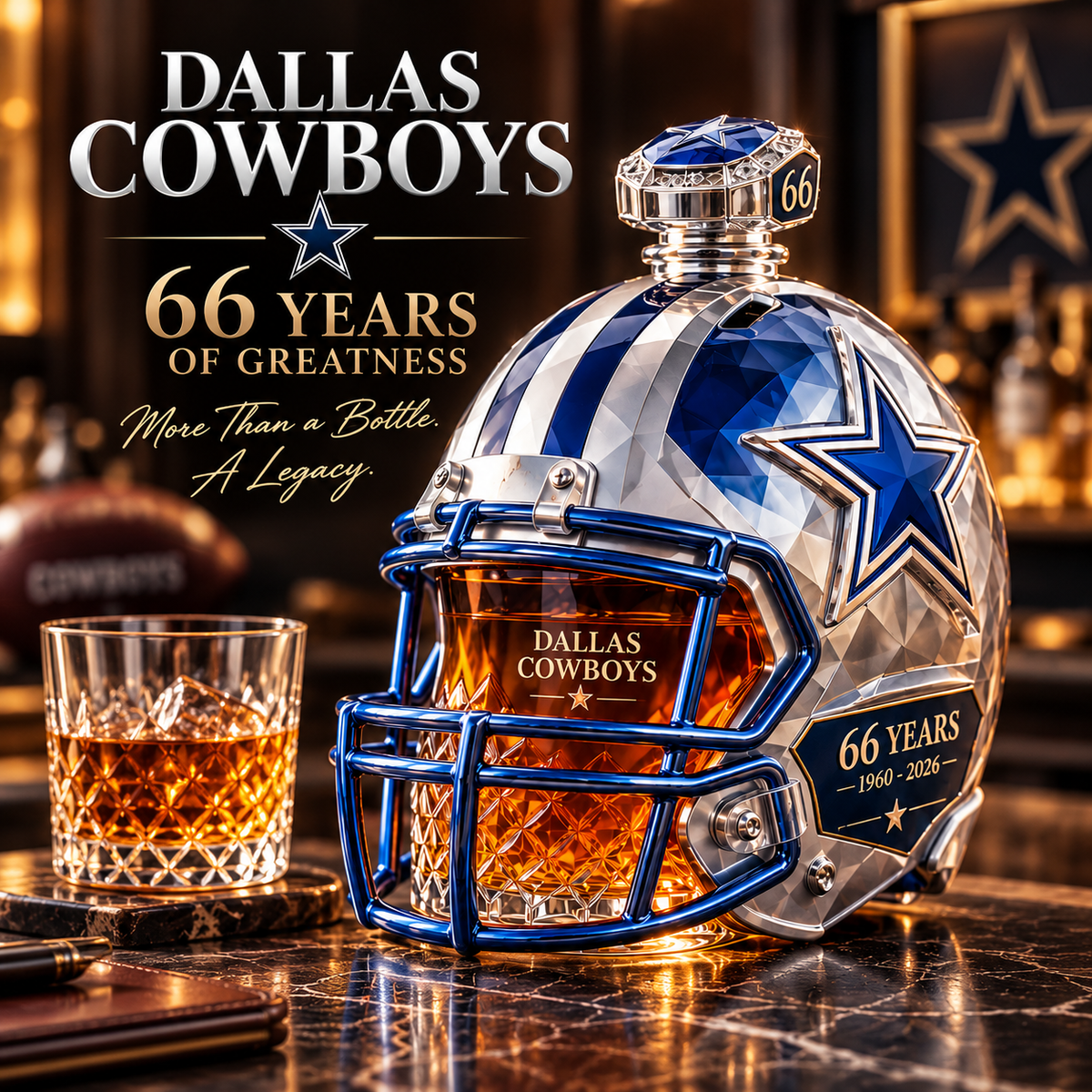 🏈💙DALLAS Football 66th Anniversary Helmet Decanter – 1960–2026 Silver & Blue Star Commemorative Bottle