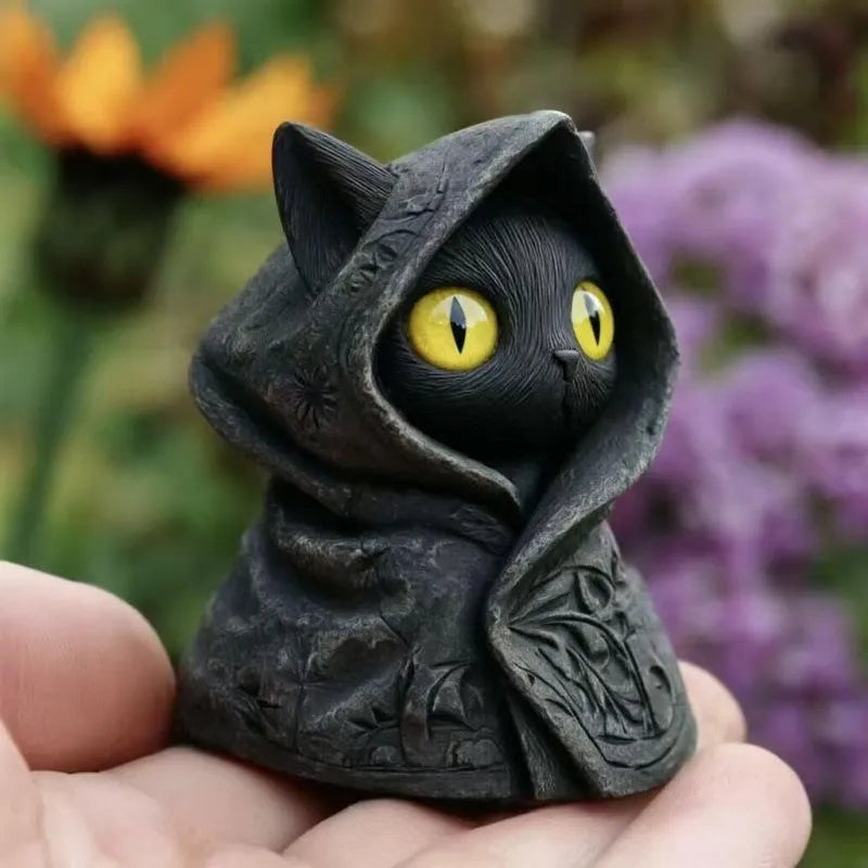 Mysterious Hooded Cat Figurine - Gothic Black Cat Statue, Fantasy Witchy Kitten Sculpture Home Decor, Perfect Gift for Cat Lovers💋