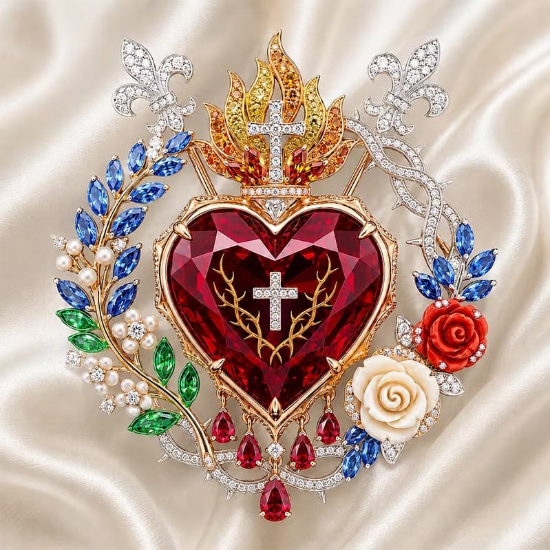 ❤️ Sacred Heart Floral Gemstone Brooch | Vintage Palace-Inspired Statement Pin💋