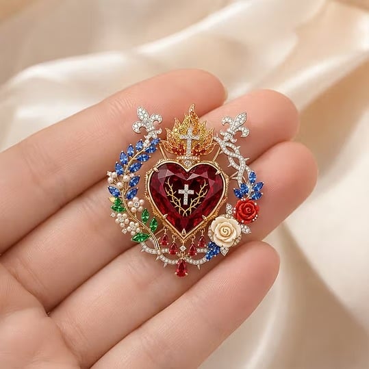 ❤️ Sacred Heart Floral Gemstone Brooch | Vintage Palace-Inspired Statement Pin💋