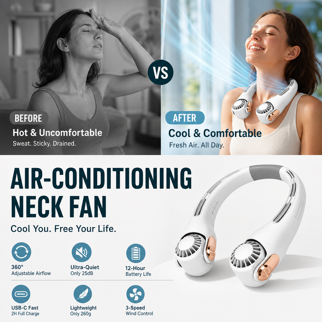 🥳2026 HOT SALE🥳💞50K+ SOLD!🍃 Neck Air Conditioner Fan – Ultra‑quiet, 360° rotating, 3 speeds. Hands‑free cooling, long battery. Summer essential! 🌬️💋