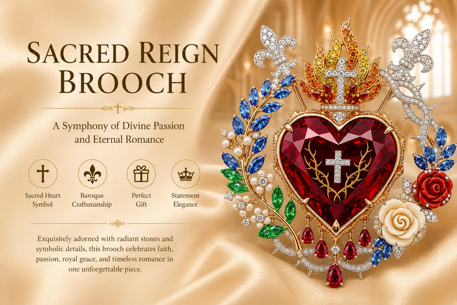 ❤️ Sacred Heart Floral Gemstone Brooch | Vintage Palace-Inspired Statement Pin💋