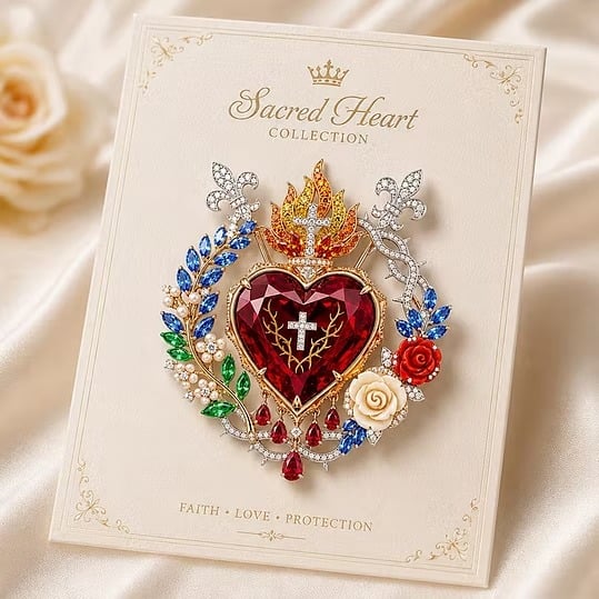 ❤️ Sacred Heart Floral Gemstone Brooch | Vintage Palace-Inspired Statement Pin💋